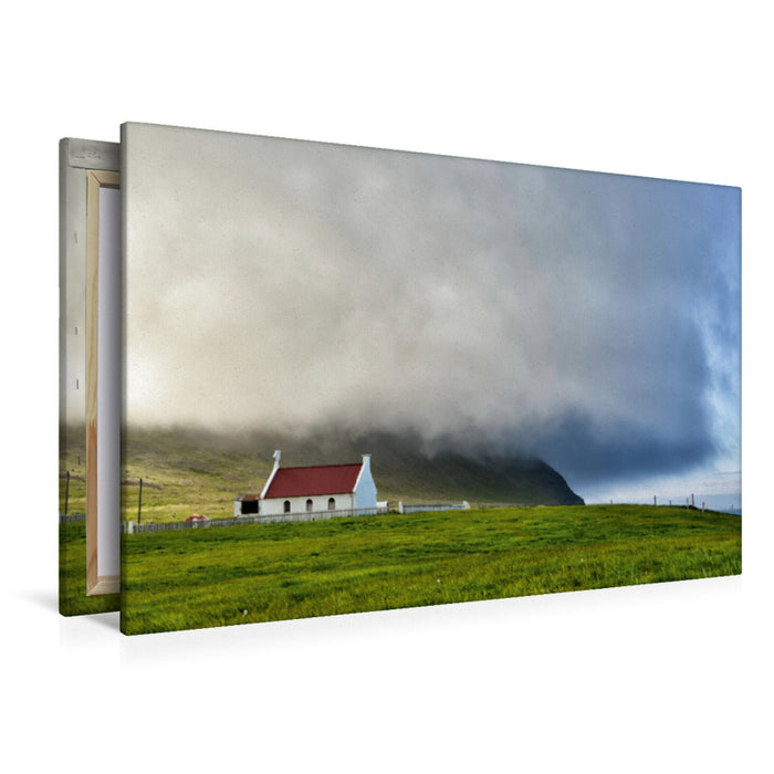 Premium textile canvas Premium textile canvas 120 cm x 80 cm landscape Weather front on Iceland. The church of Sæból in the Westfjords. 