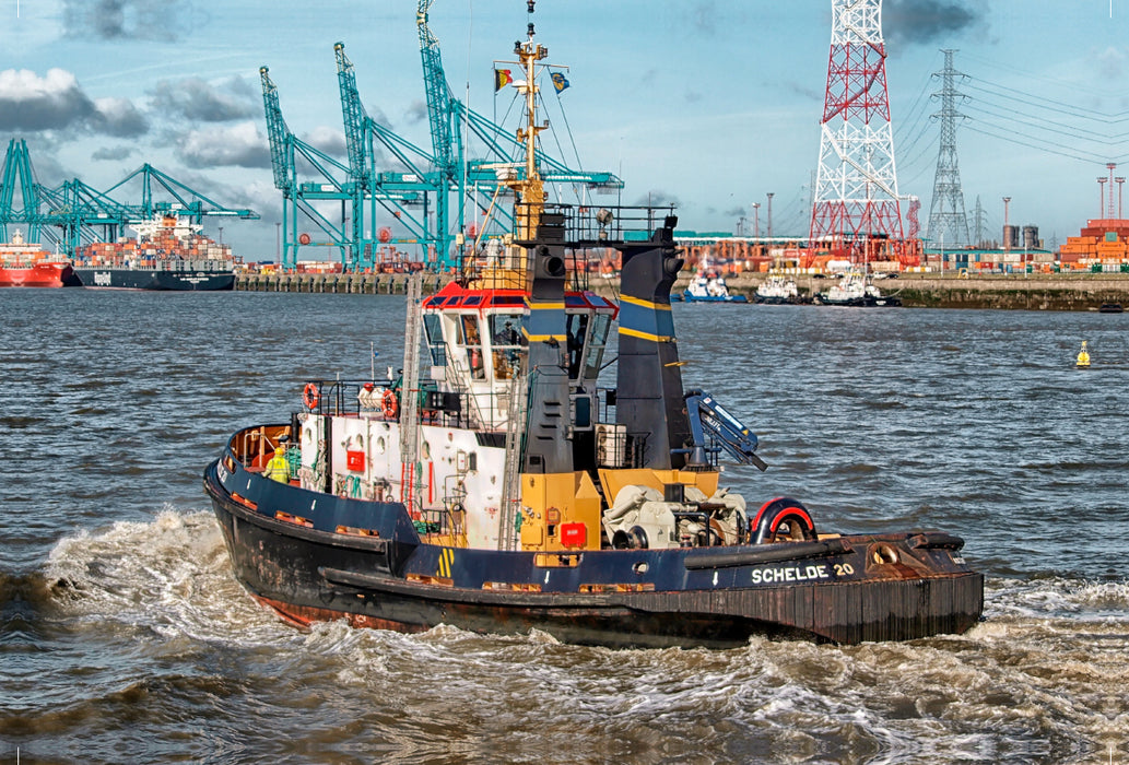Premium textile canvas Premium textile canvas 120 cm x 80 cm landscape Tugboat harbor Antwerp 