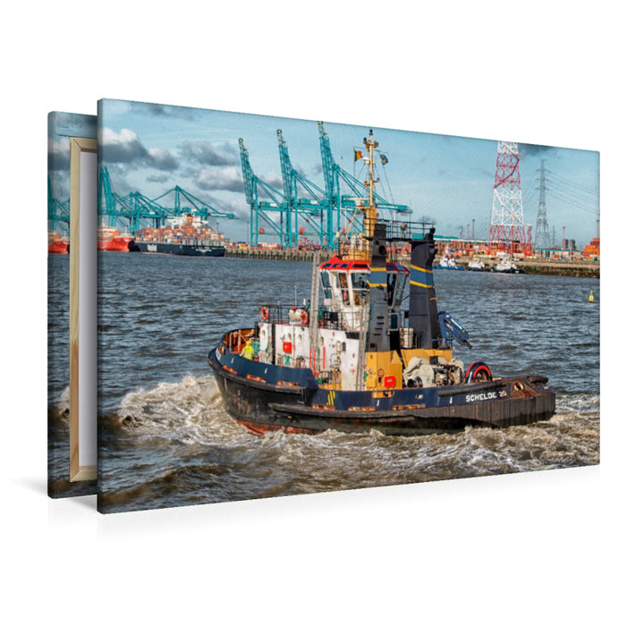 Premium Textil-Leinwand Premium Textil-Leinwand 120 cm x 80 cm quer Schlepper Hafen Antwerpen