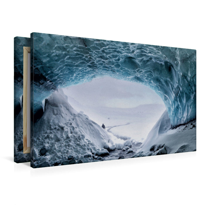 Premium textile canvas Premium textile canvas 90 cm x 60 cm across The Gigjökull glacier tunnel on Iceland 