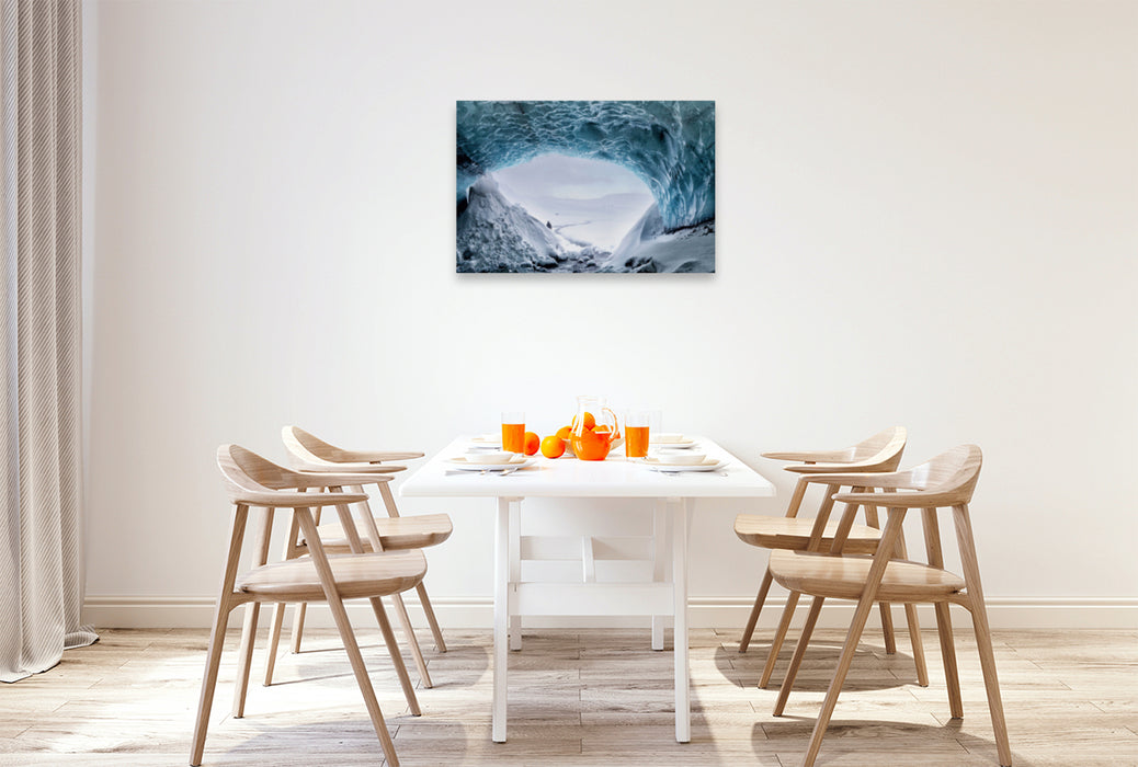 Premium textile canvas Premium textile canvas 90 cm x 60 cm across The Gigjökull glacier tunnel on Iceland 