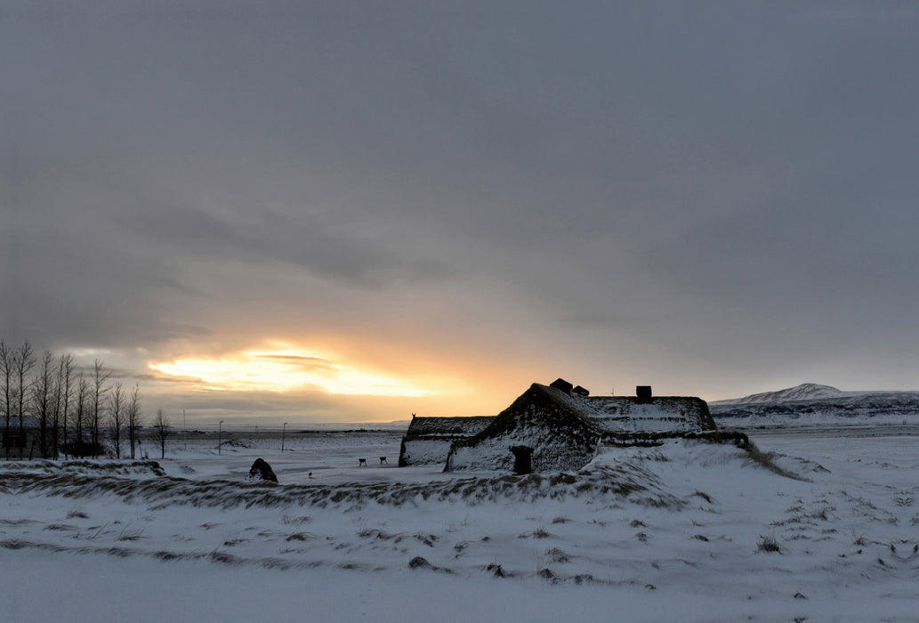 Premium textile canvas Premium textile canvas 120 cm x 80 cm landscape Winter dream on Iceland with Viking house 
