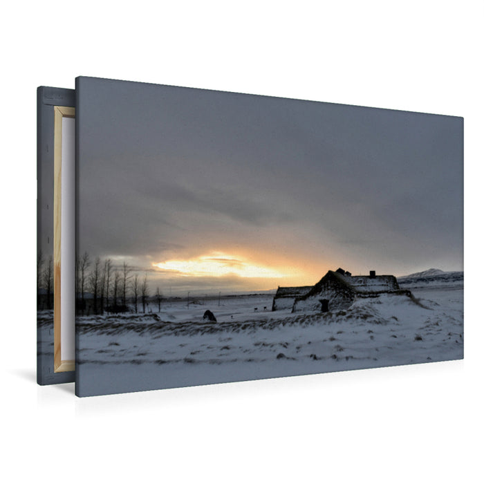 Premium textile canvas Premium textile canvas 120 cm x 80 cm landscape Winter dream on Iceland with Viking house 