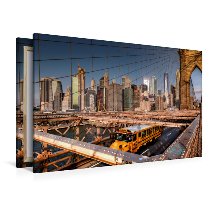 Premium Textil-Leinwand Premium Textil-Leinwand 120 cm x 80 cm quer Auf der Brooklyn Bridge mit Blick auf Skyline Manhattan