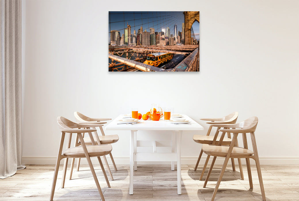 Premium textile canvas Premium textile canvas 120 cm x 80 cm landscape On the Brooklyn Bridge with a view of the Manhattan skyline 