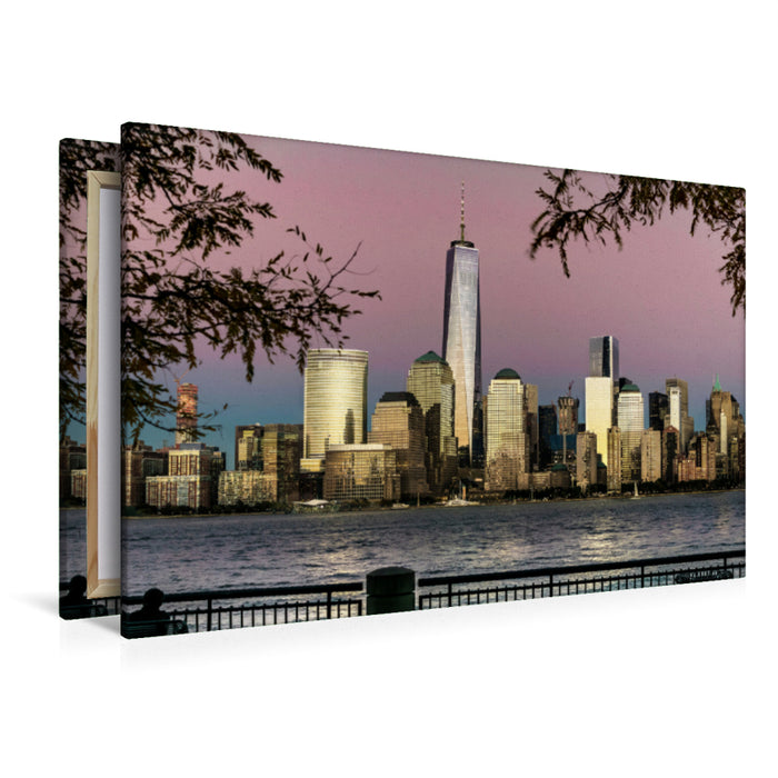 Premium Textil-Leinwand Premium Textil-Leinwand 120 cm x 80 cm quer Blick von New Jersey auf Midtown Manhattan bei Sonnenuntergang