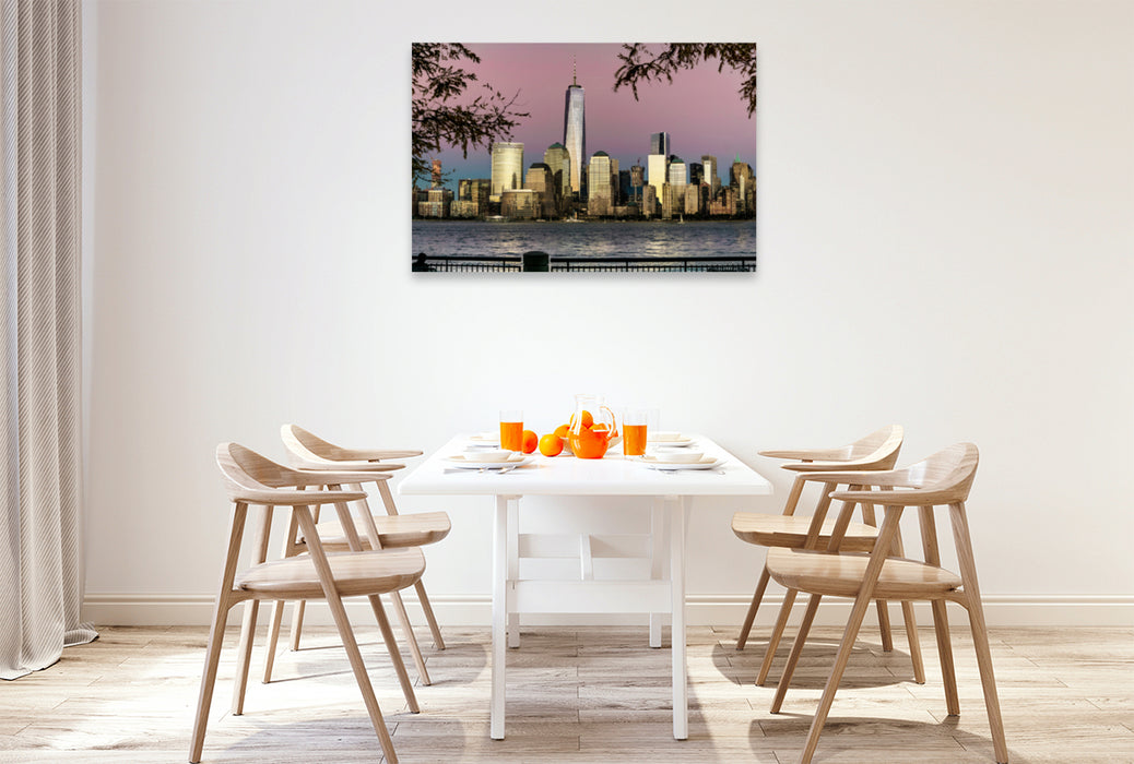 Premium Textil-Leinwand Premium Textil-Leinwand 120 cm x 80 cm quer Blick von New Jersey auf Midtown Manhattan bei Sonnenuntergang