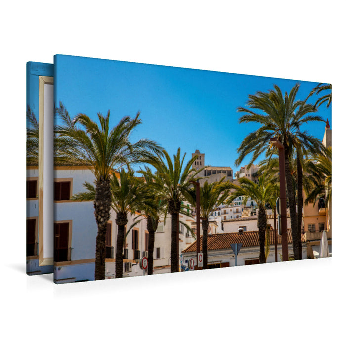 Premium Textil-Leinwand Premium Textil-Leinwand 120 cm x 80 cm quer Palmen vor der Kathedrale von Ibiza