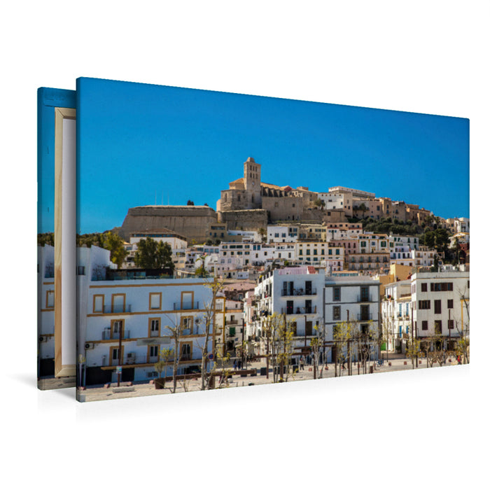 Toile textile haut de gamme Toile textile haut de gamme 120 cm x 80 cm à travers Sa Penya avec la cathédrale d'Ibiza 