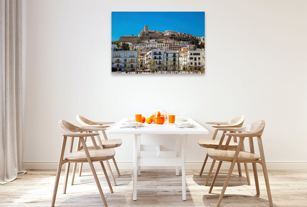 Premium textile canvas Premium textile canvas 120 cm x 80 cm across Sa Penya with the Cathedral of Ibiza 