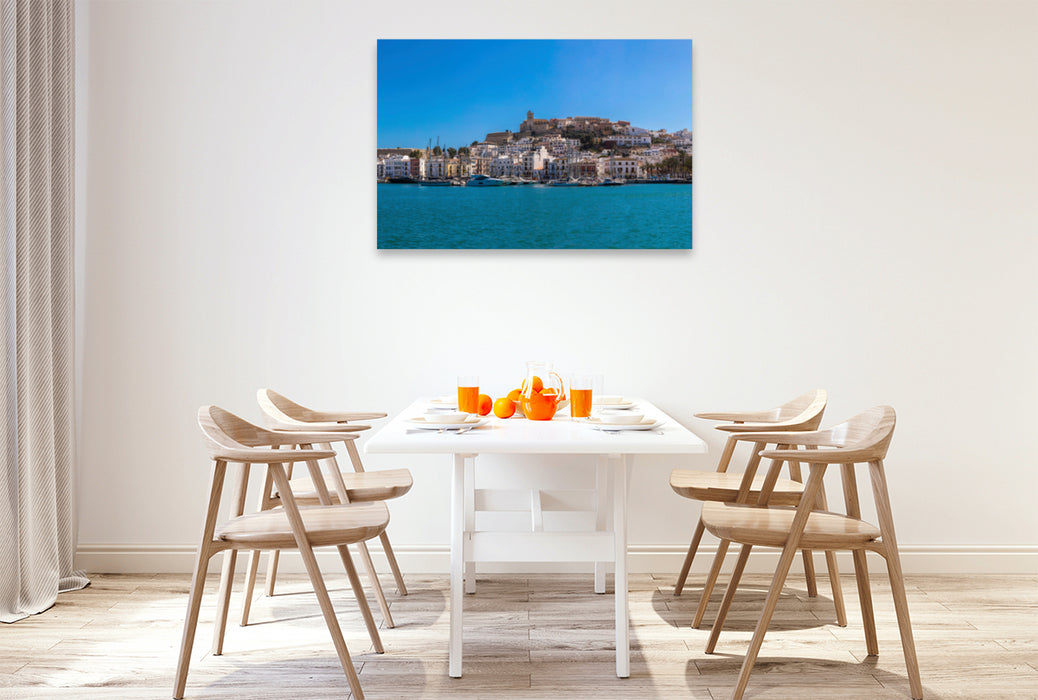 Premium textile canvas Premium textile canvas 120 cm x 80 cm landscape Ibiza town marina 