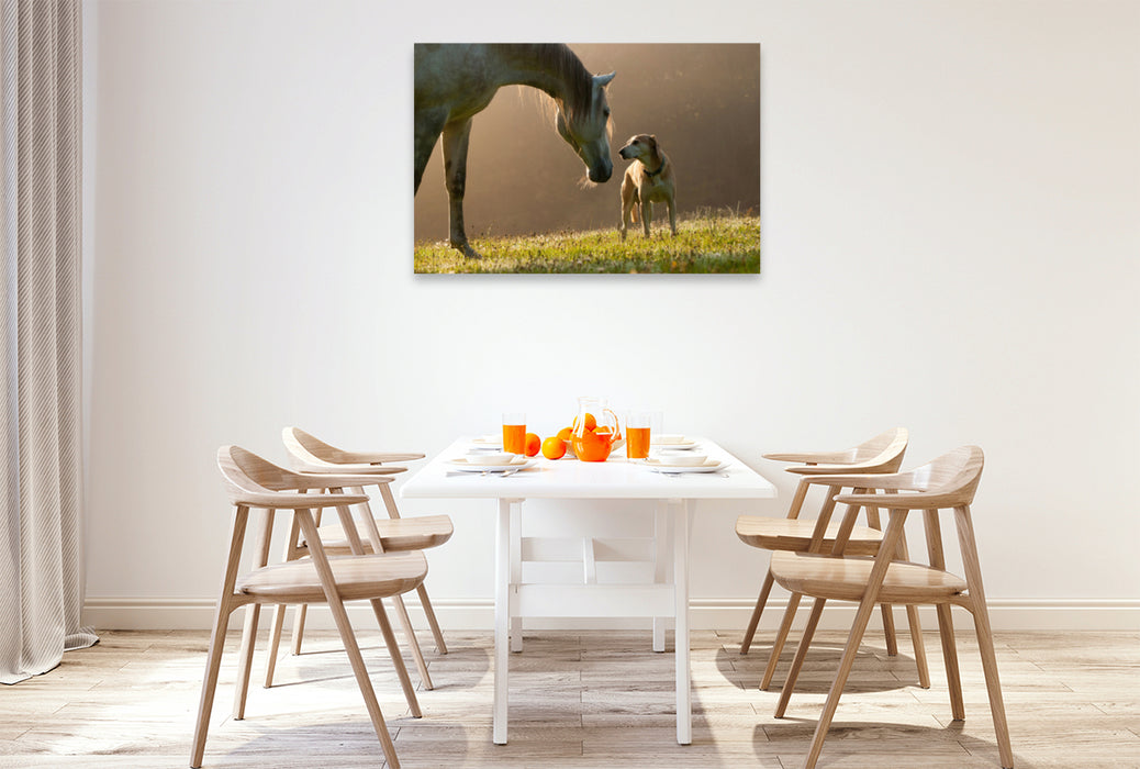 Premium textile canvas Premium textile canvas 120 cm x 80 cm landscape horse and dog in September fog 