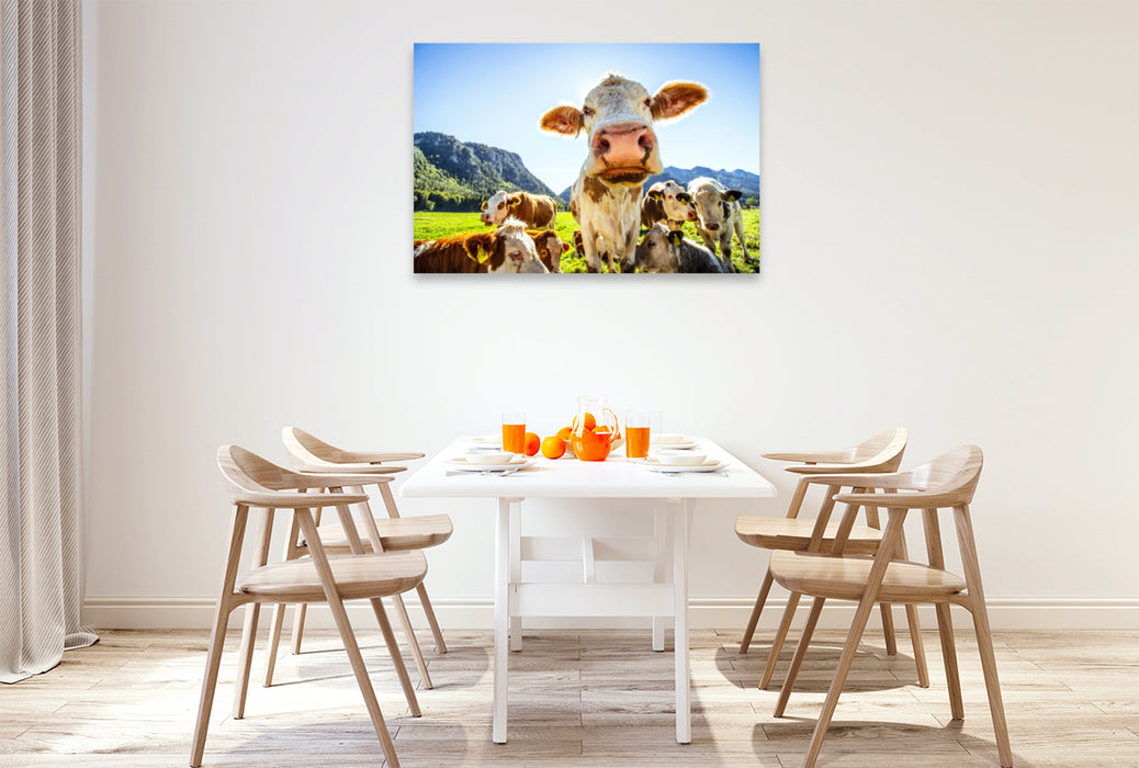 Premium textile canvas Premium textile canvas 120 cm x 80 cm landscape Bavarian cow 