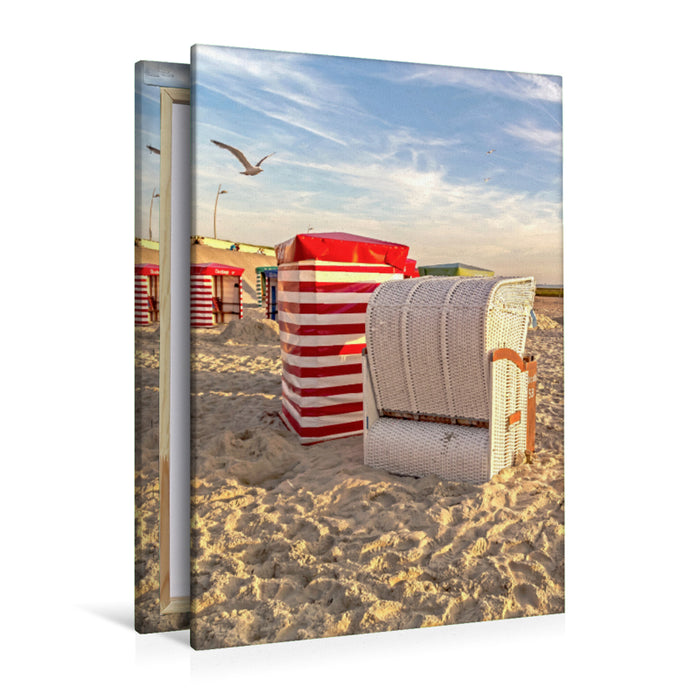 Premium Textil-Leinwand Premium Textil-Leinwand 80 cm x 120 cm  hoch Strandkorb und Strandzelt bei tiefem Sonnenstand
