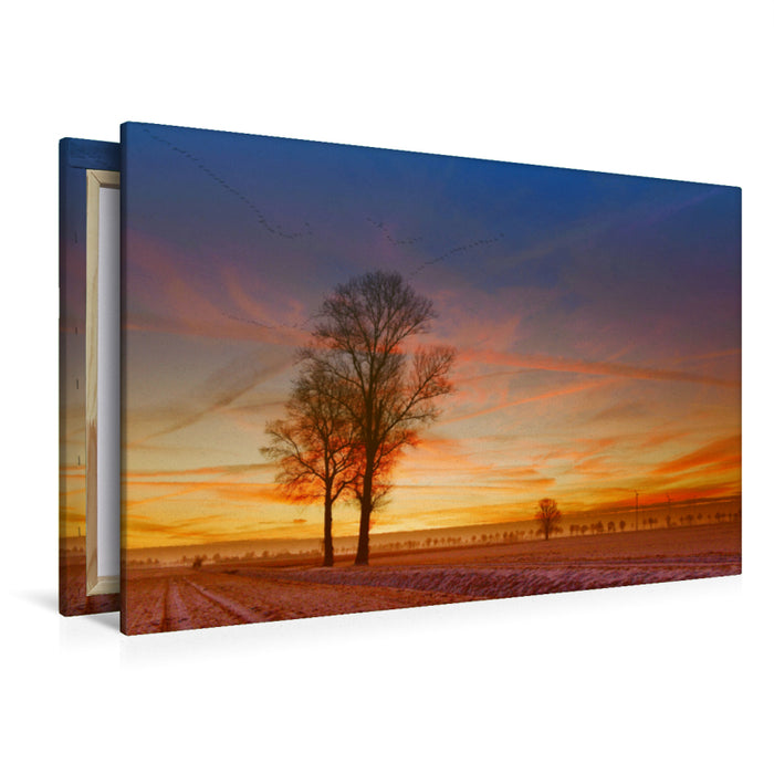 Premium textile canvas Premium textile canvas 120 cm x 80 cm landscape Sunrise in winter, fields in the Diepholz district 