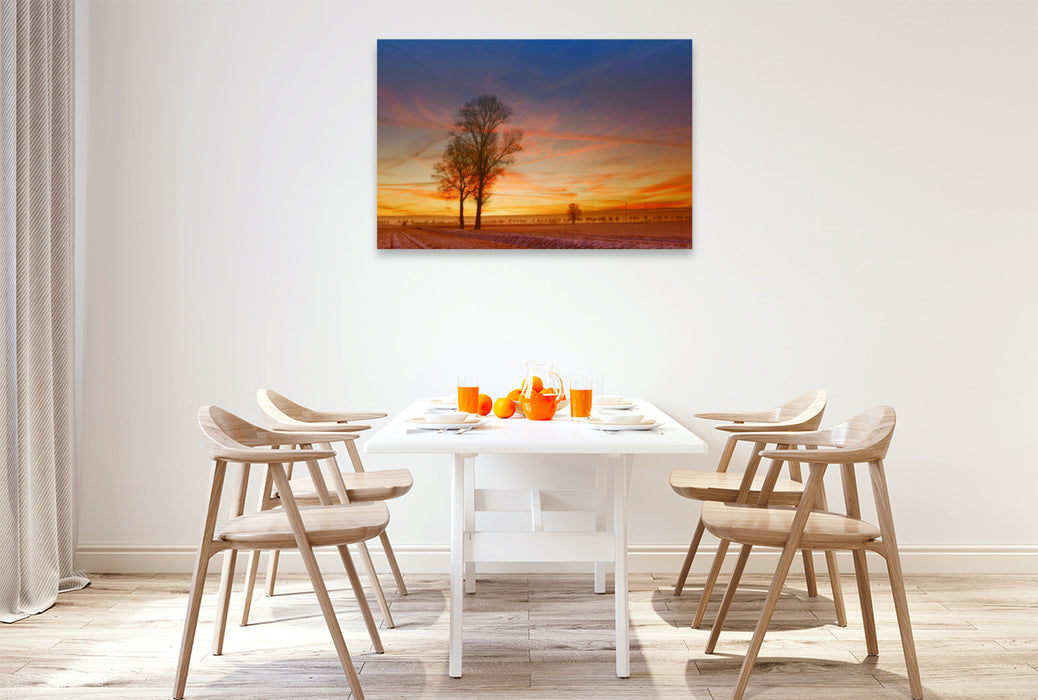 Premium textile canvas Premium textile canvas 120 cm x 80 cm landscape Sunrise in winter, fields in the Diepholz district 