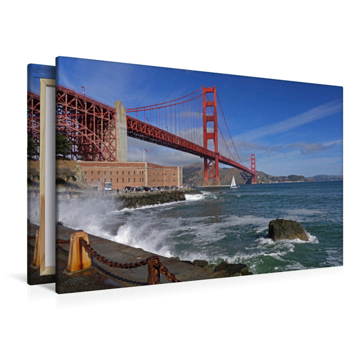Premium Textil-Leinwand Premium Textil-Leinwand 120 cm x 80 cm quer Eindrucksvolle Golden Gate Bridge mit Fort Point über das Golden Gate in Kalifornien, San Francisco. Amerika, USA, Meer, Wasser, Ruhe, Architektur