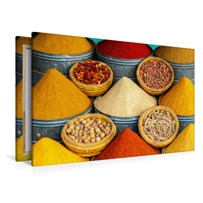 Premium textile canvas Premium textile canvas 120 cm x 80 cm landscape Spices in the souk of Marrakech 