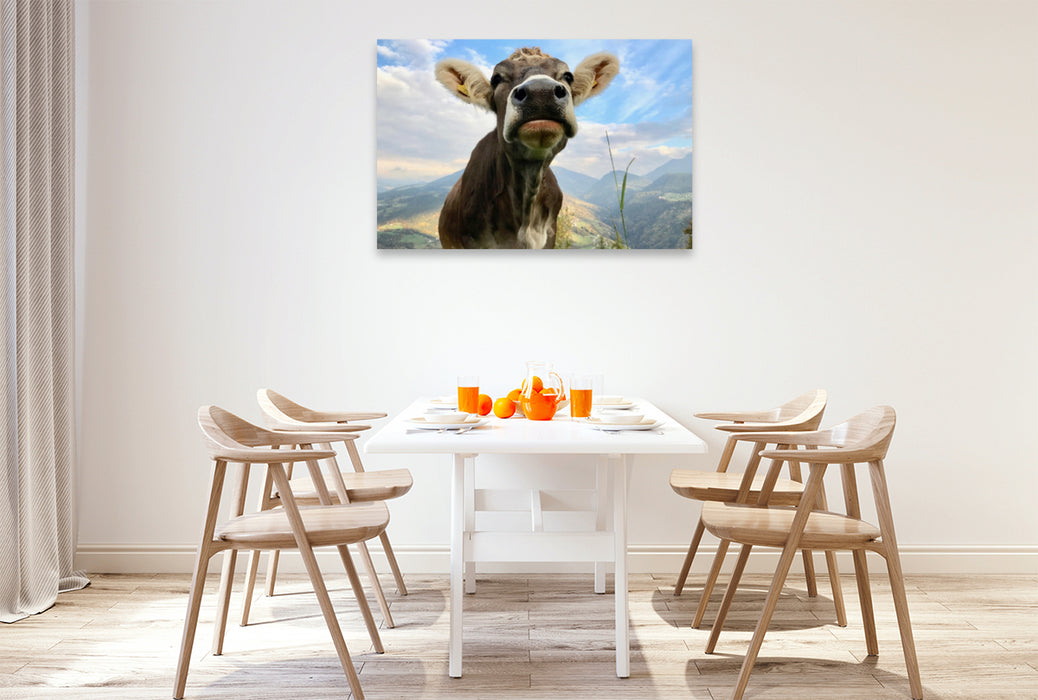 Premium textile canvas Premium textile canvas 120 cm x 80 cm landscape Proud cow on Ritten, South Tyrol 