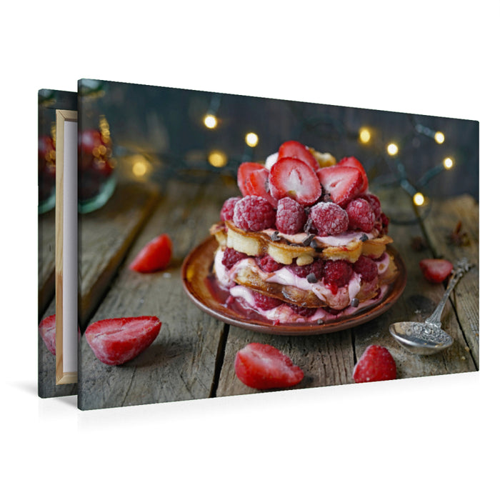 Premium Textil-Leinwand Premium Textil-Leinwand 120 cm x 80 cm quer Pan Cakes mit Erdbeeren