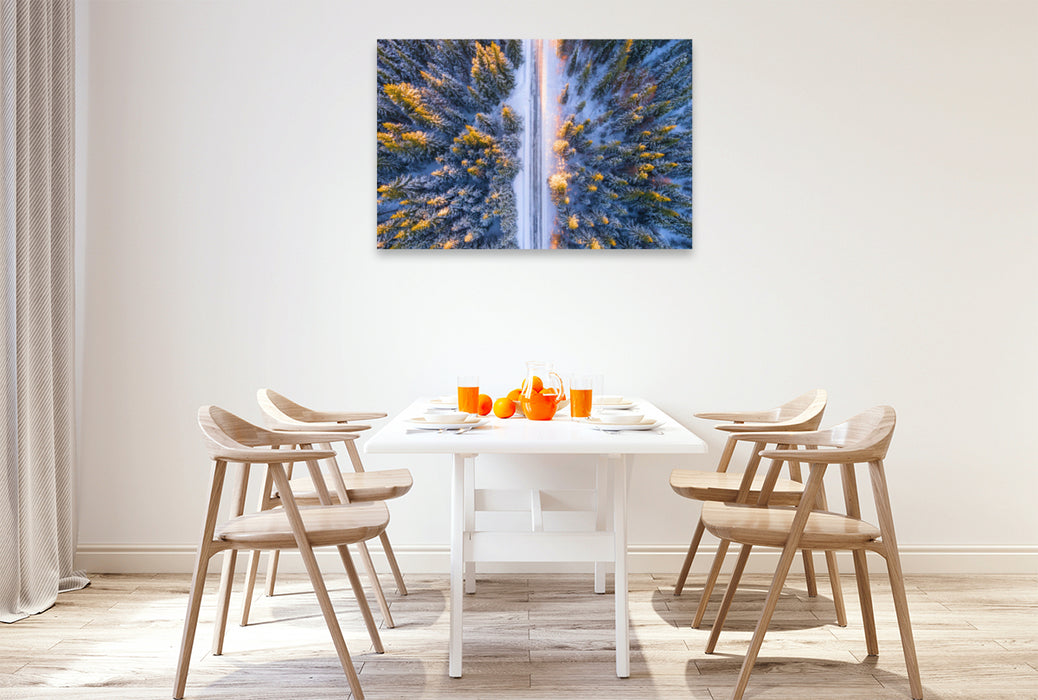 Premium textile canvas Premium textile canvas 120 cm x 80 cm landscape Winter forest in the morning light from a bird's eye view 