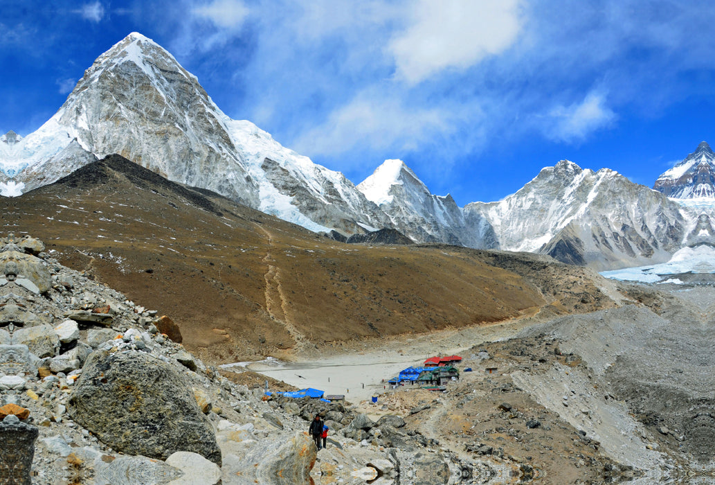 Premium textile canvas Premium textile canvas 120 cm x 80 cm landscape View of Gorak Shep (5170 m) with Kala Pattar (5545 m) and Pumori (7161 m) 