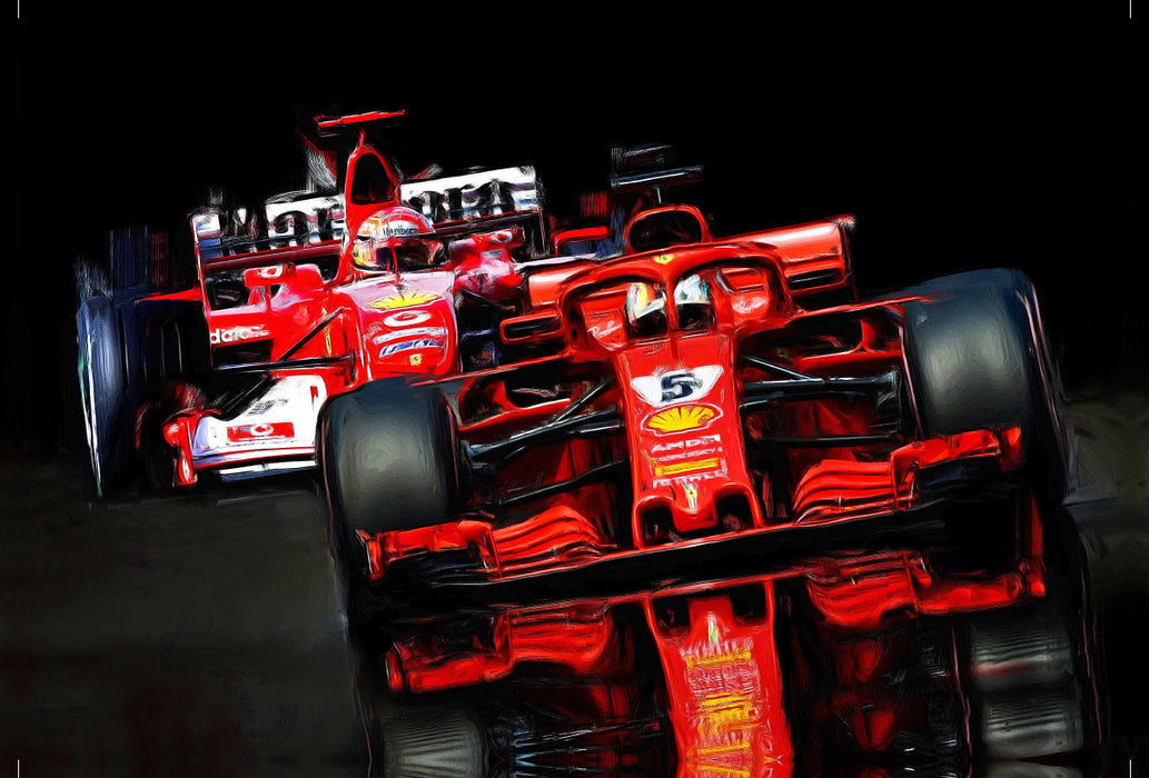 Premium textile canvas Premium textile canvas 120 cm x 80 cm landscape Image montage: Sebastian Vettel in red Italian in 2018, Michael Schumacher in the 2005 Monoposto. 