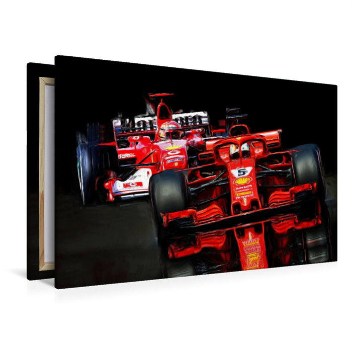 Premium textile canvas Premium textile canvas 120 cm x 80 cm landscape Image montage: Sebastian Vettel in red Italian in 2018, Michael Schumacher in the 2005 Monoposto. 
