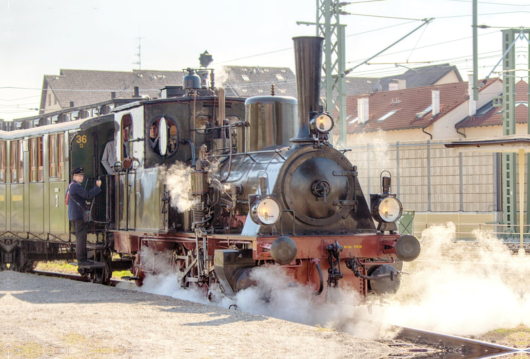 Premium textile canvas Premium textile canvas 120 cm x 80 cm landscape steam locomotive 30 (pr. T3) "Chanderli" of the Kandertalbahn in Haltingen 