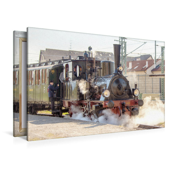 Premium textile canvas Premium textile canvas 120 cm x 80 cm landscape steam locomotive 30 (pr. T3) "Chanderli" of the Kandertalbahn in Haltingen 