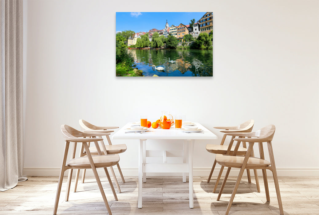 Premium textile canvas Premium textile canvas 120 cm x 80 cm across Tübingen Neckarfront with Hölderlin Tower and collegiate church 