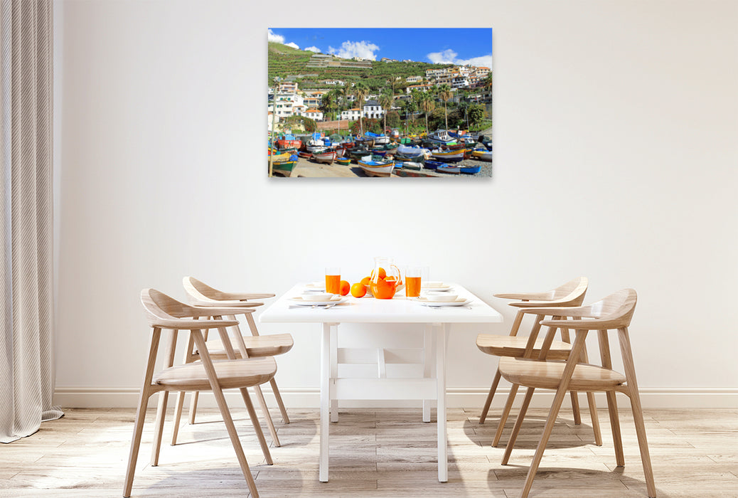 Premium textile canvas Premium textile canvas 120 cm x 80 cm landscape The colorful fishing boats from Câmara de Lobos 