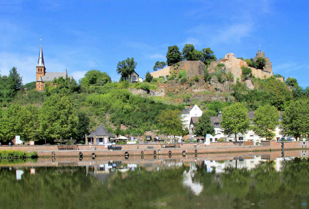 Premium textile canvas Premium textile canvas 120 cm x 80 cm landscape view of the church and castle ruins of Saarburg 