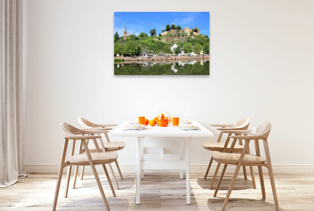 Premium textile canvas Premium textile canvas 120 cm x 80 cm landscape view of the church and castle ruins of Saarburg 