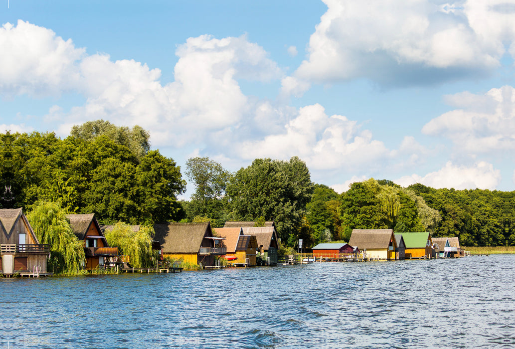 Premium textile canvas Premium textile canvas 120 cm x 80 cm across Boathouses on the Mecklenburg Lake District 