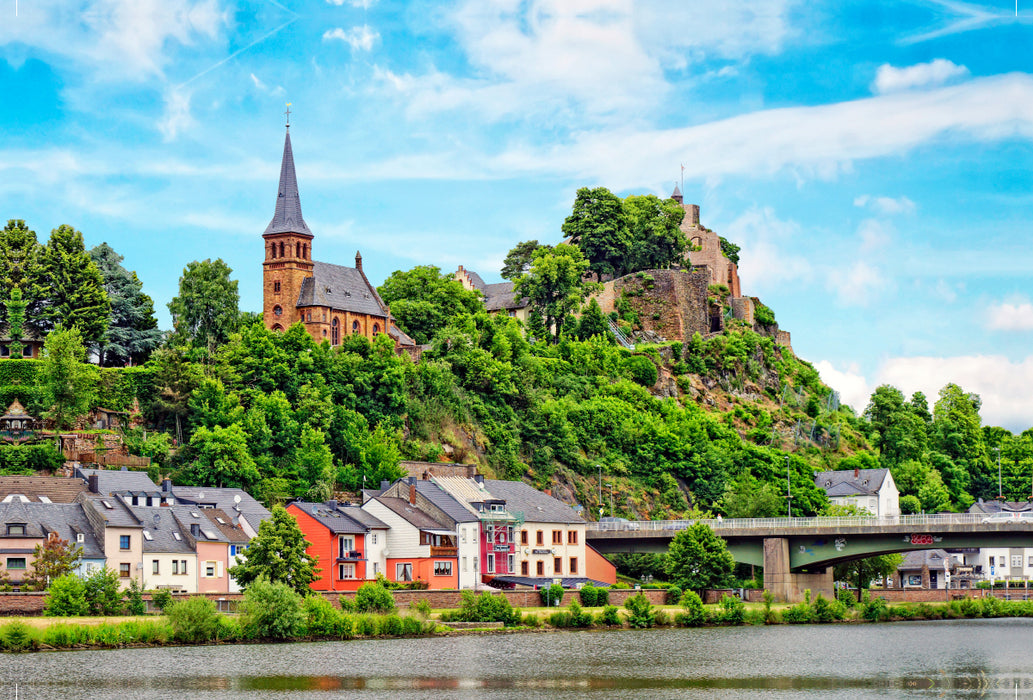 Premium textile canvas Premium textile canvas 120 cm x 80 cm across Saarburg. Protestant church and castle complex above the Saar 