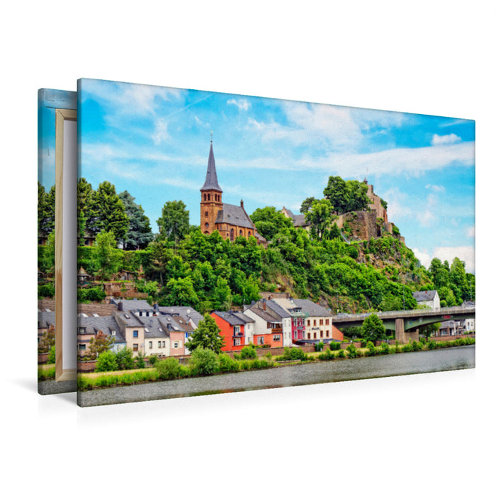 Premium textile canvas Premium textile canvas 120 cm x 80 cm across Saarburg. Protestant church and castle complex above the Saar 