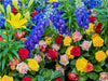 Strauß mit gelben, roten und weiß rosa farbenen Rosen mit blauem Rittersporn und gelben Lilien - CALVENDO Foto-Puzzle - calvendoverlag 29.99