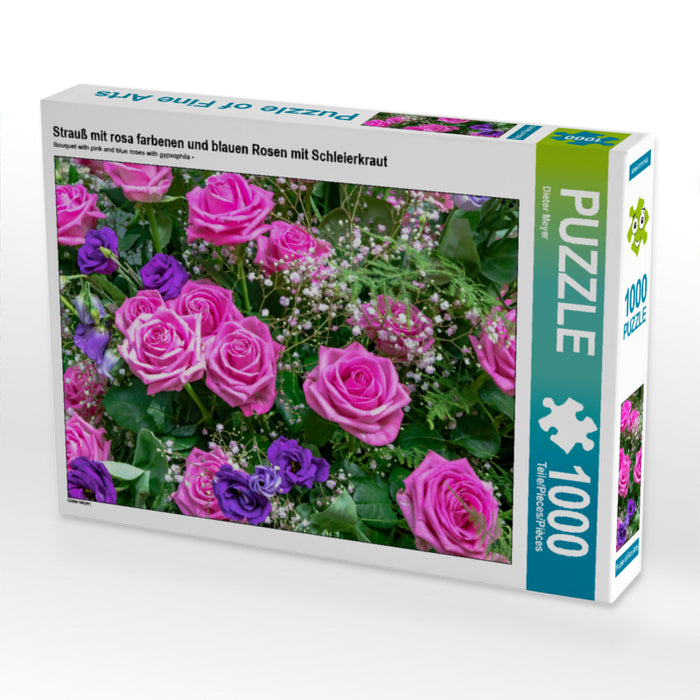 Strauß mit rosa farbenen und blauen Rosen mit Schleierkraut - CALVENDO Foto-Puzzle - calvendoverlag 29.99