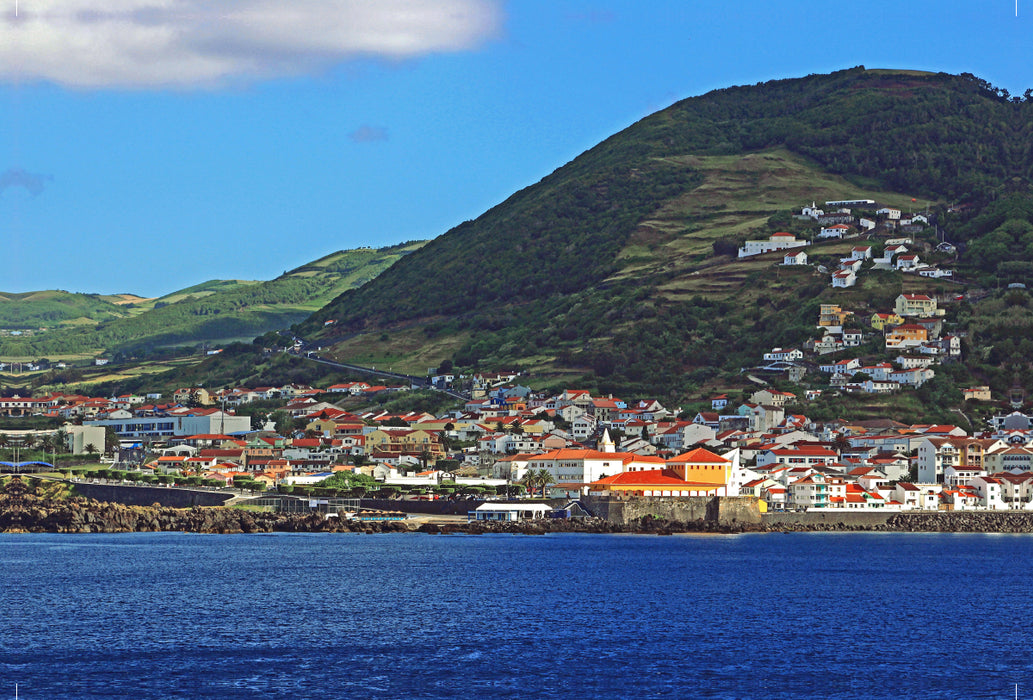 Premium textile canvas Premium textile canvas 120 cm x 80 cm across Velas at the foot of the Pico dos Louros on the Azores island of Sao Jorge 