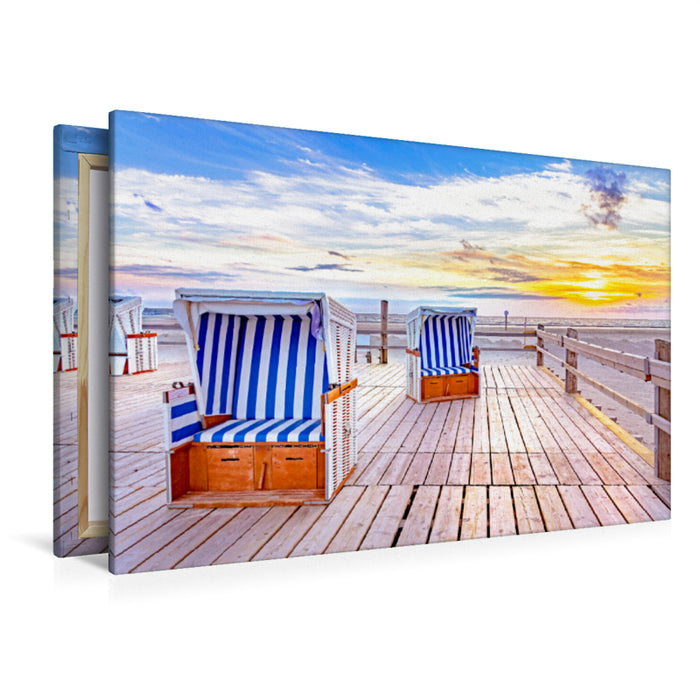 Premium Textil-Leinwand Premium Textil-Leinwand 120 cm x 80 cm quer SPO Strandkörbe im Sonnenuntergang