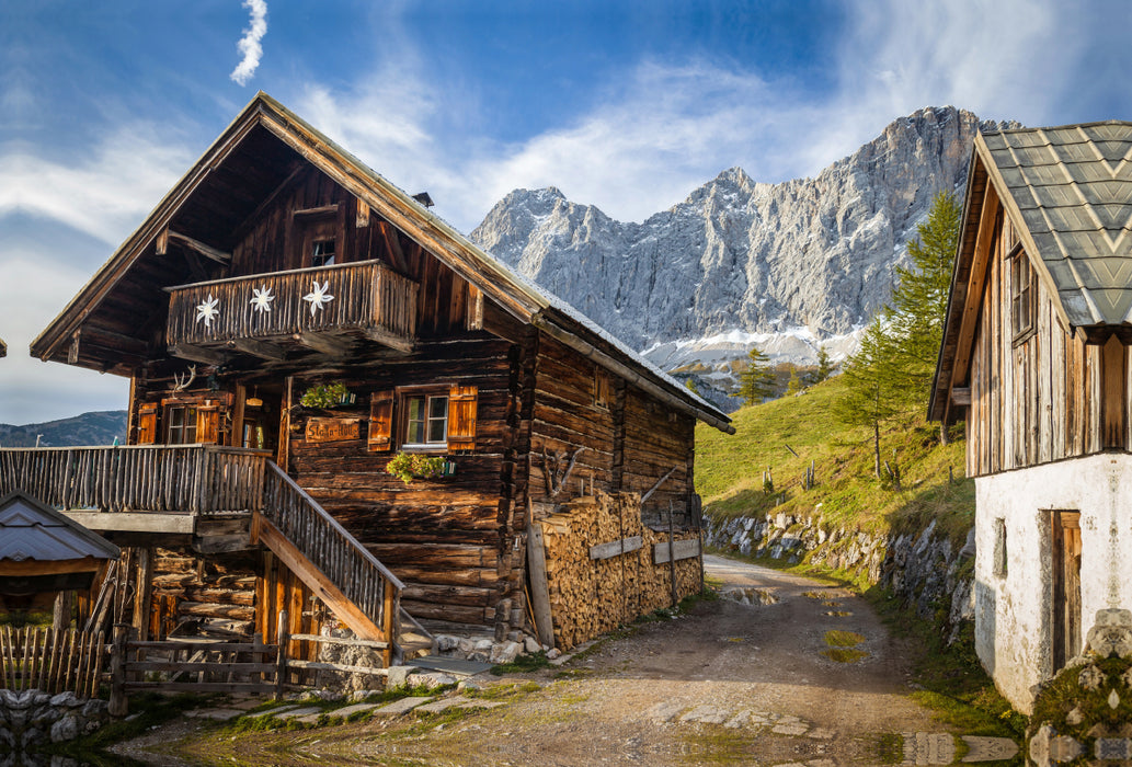 Premium Textil-Leinwand Premium Textil-Leinwand 120 cm x 80 cm quer Alte Hütte auf der Neustattalm (1.530 m) vor der Dachstein-Südwand