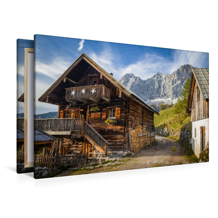 Premium textile canvas Premium textile canvas 120 cm x 80 cm across Old hut on the Neustattalm (1,530 m) in front of the Dachstein south face 