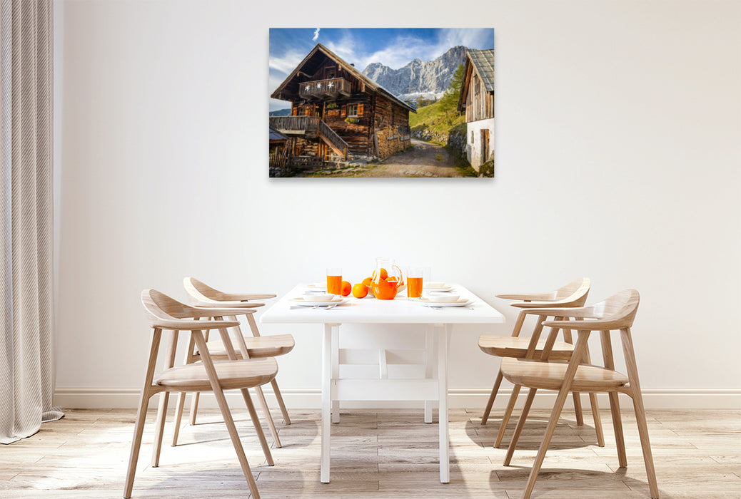 Premium textile canvas Premium textile canvas 120 cm x 80 cm across Old hut on the Neustattalm (1,530 m) in front of the Dachstein south face 