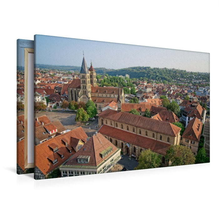 Premium Textil-Leinwand Premium Textil-Leinwand 120 cm x 80 cm quer Panoramablick vom Turm der Frauenkirche, ein Motiv aus dem Kalender Esslingen von oben und von unten