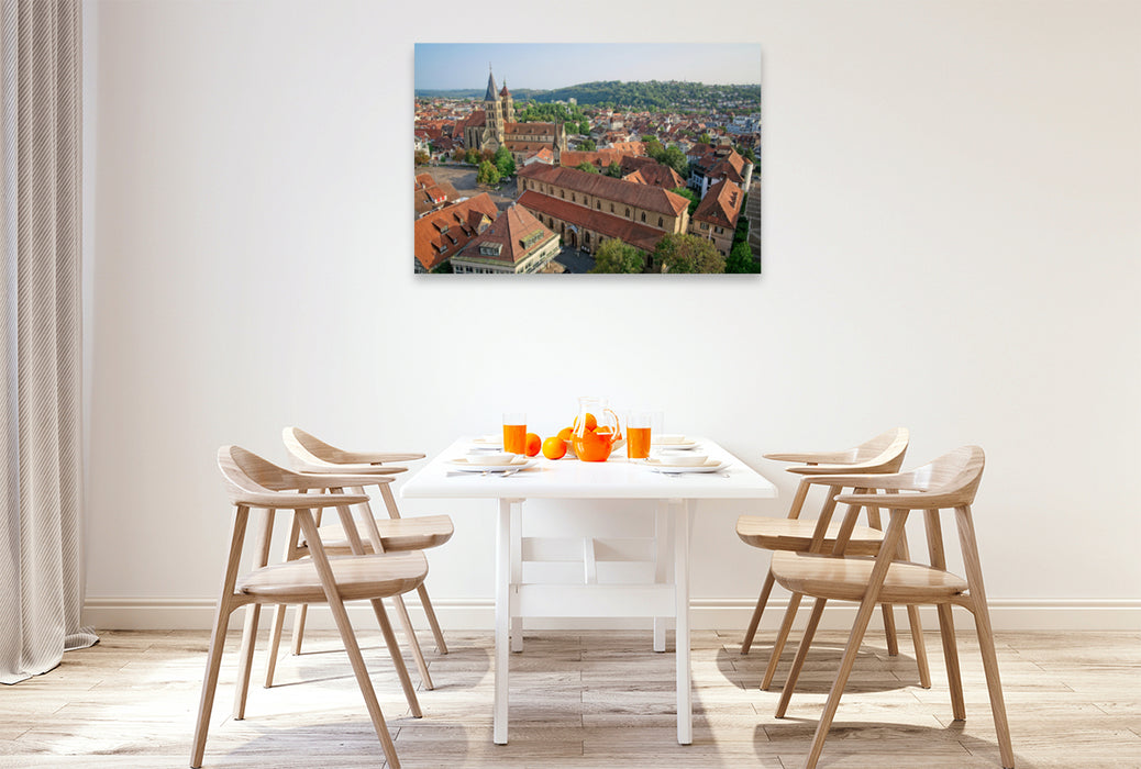 Premium Textil-Leinwand Premium Textil-Leinwand 120 cm x 80 cm quer Panoramablick vom Turm der Frauenkirche, ein Motiv aus dem Kalender Esslingen von oben und von unten