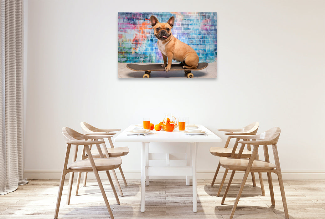 Premium Textil-Leinwand Premium Textil-Leinwand 120 cm x 80 cm quer Franz. Bulldogge auf Skateboard