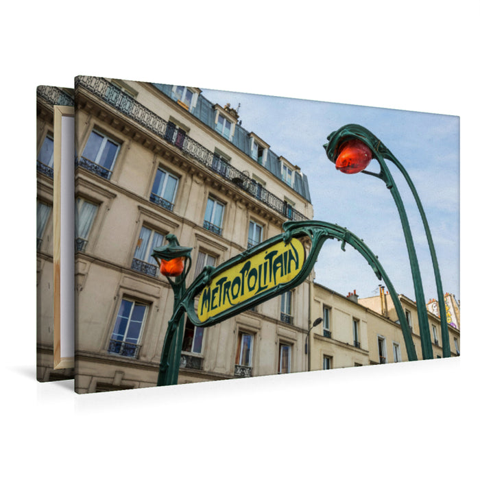 Premium Textil-Leinwand Premium Textil-Leinwand 120 cm x 80 cm quer Jugendstil-Metroschild mit Lampen in Paris