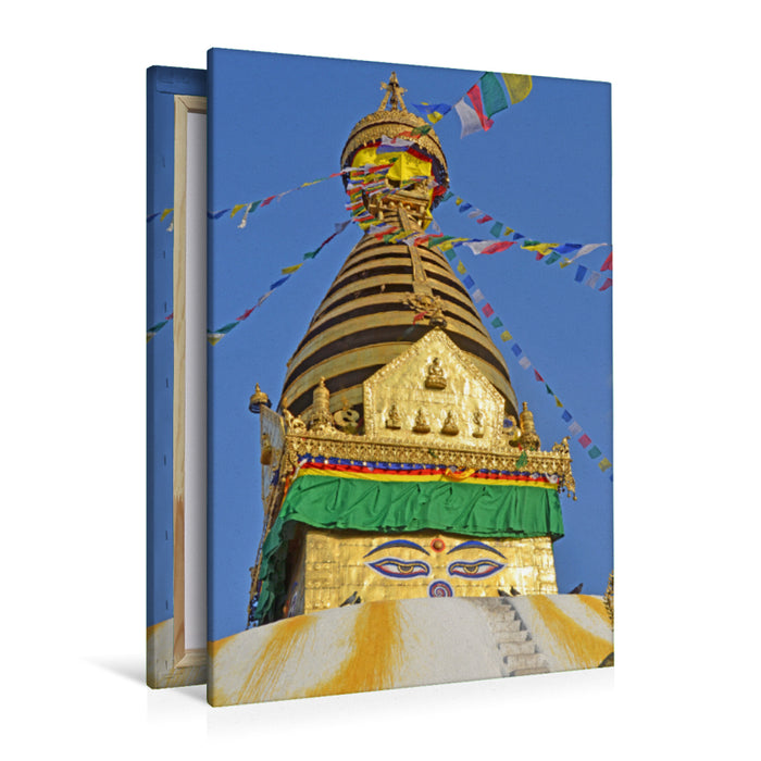 Toile textile premium Toile textile premium 80 cm x 120 cm de haut La partie supérieure du célèbre Stupa de Swayambhunath à l'ouest de Katmandou 