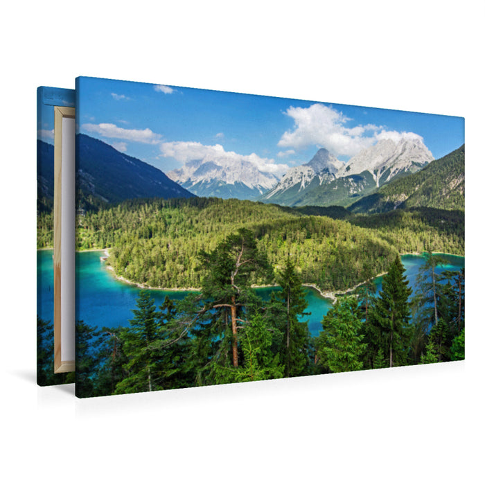 Premium Textil-Leinwand Premium Textil-Leinwand 120 cm x 80 cm quer Der Blindsee mit Blick auf Zugspitze und Sonnenspitze